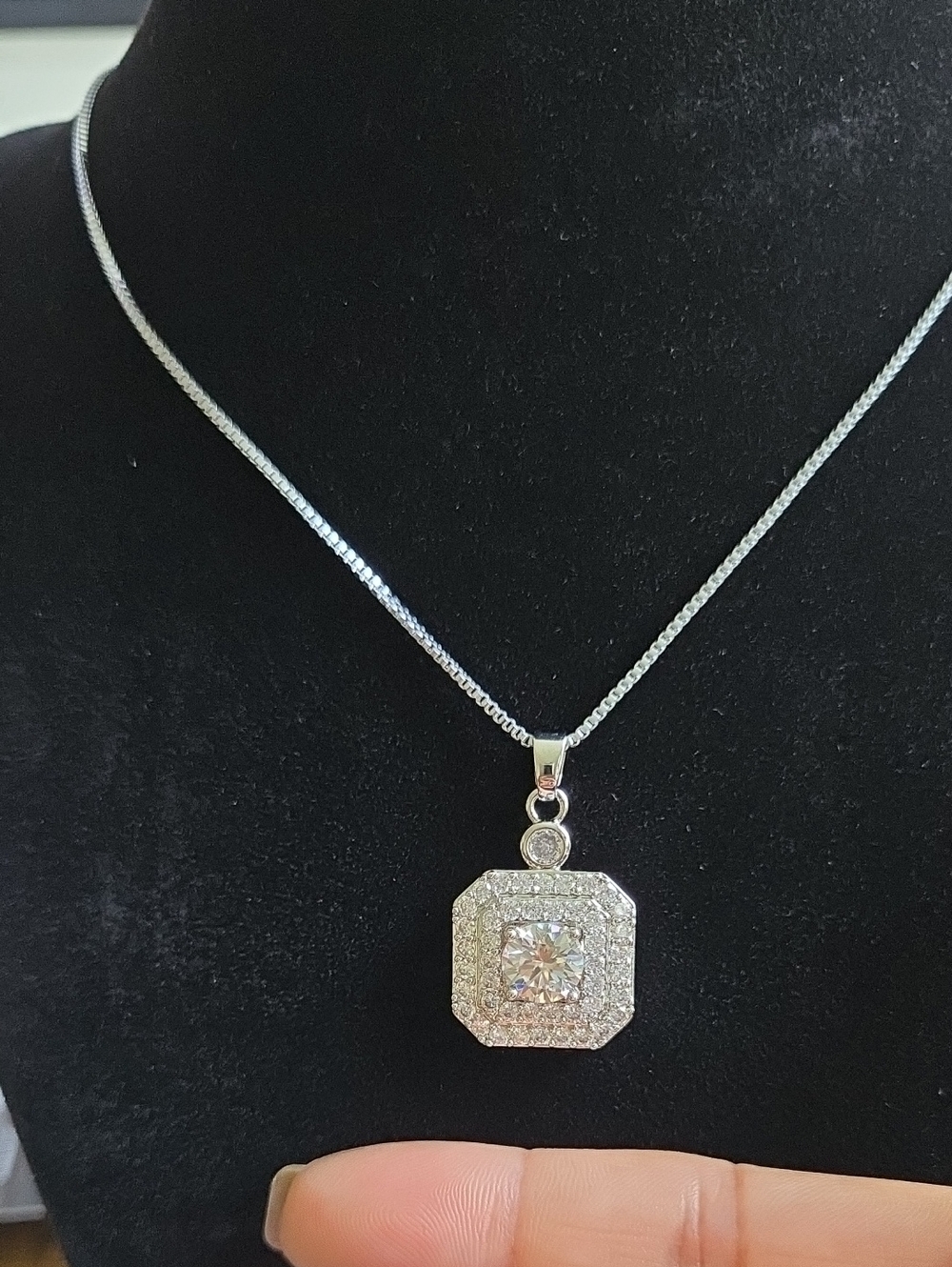 Sterling Silver Clear Moissanite Halo Pendant Necklace